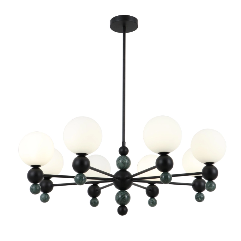 Moderne glazen bolkroonluchter met 8 lichtpunten en groene marmeren accenten