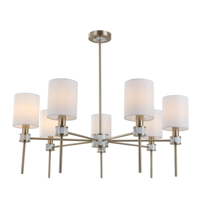 Multi-lichtten gebroken witte cilindrische stofschaduw messing hangende kroonluchter