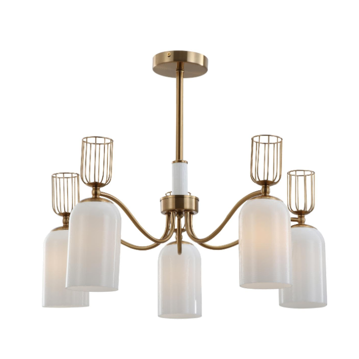 Retro 5-licht melk wit glas goudkroonluchter