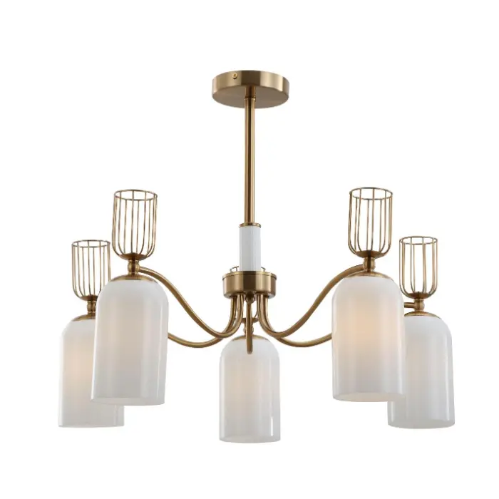 Retro 5-licht melk wit glas goudkroonluchter