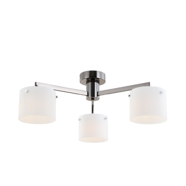 Drie-lichts zwarte chroom wit glazen plafondlamp